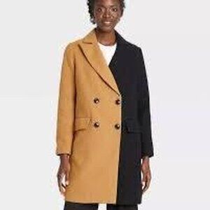 Who What Wear Medal Bronze Black Colorblock Double Breasted Overcoat